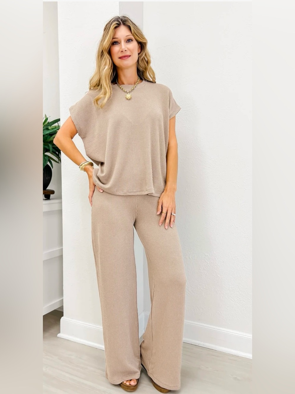Zenana Outfitters Cocoa Ribbed Wide-Leg Pants & Short-Sleeve Top Set NWOT